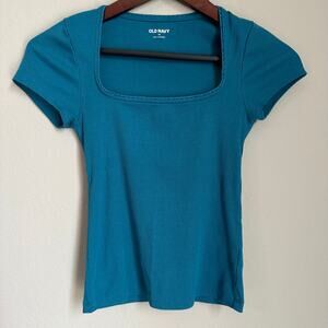 Women's Old Navy Blue Ribbed Tee Y2K Square Neck Cap Sleeve Stretch Size XS